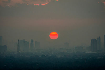 Silhouette of city at sunset