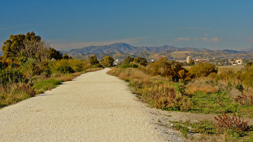 Dirt road amidst plants against sky