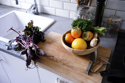 High angle view of fruits on table at home