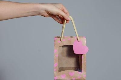 Close-up of hand holding pink over white background