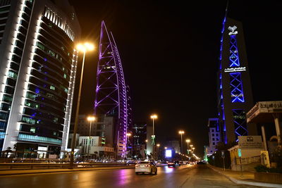 Illuminated city buildings at night