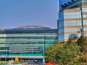 Modern building against clear blue sky