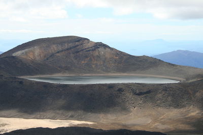 Scenic view of mountain range against cloudy sky