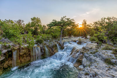 Scenic view of waterfall in forest against sky