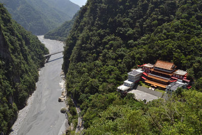 High angle view of road amidst trees in forest