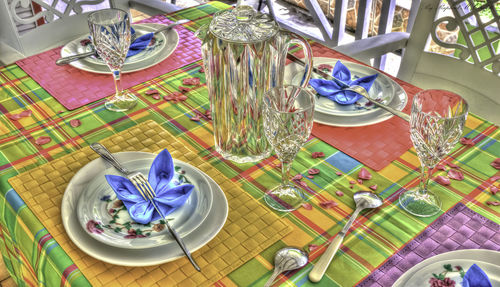 High angle view of multi colored plate on table