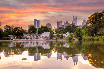 Scenic view of lake against sky during sunset