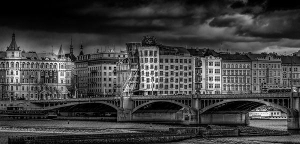 Bridge over river against buildings in city