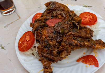 High angle view of food in plate on table