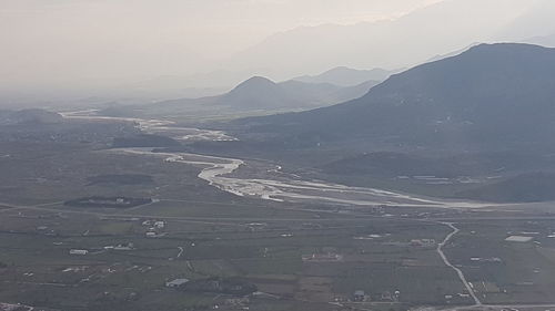 High angle view of mountains against sky