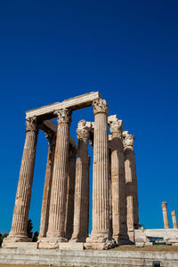 Low angle view of temple against clear blue sky