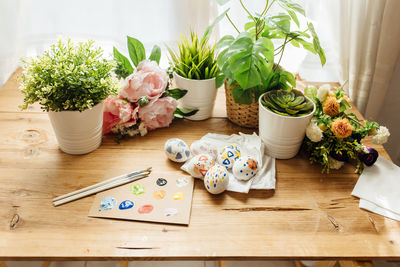 High angle view of food on cutting board on table