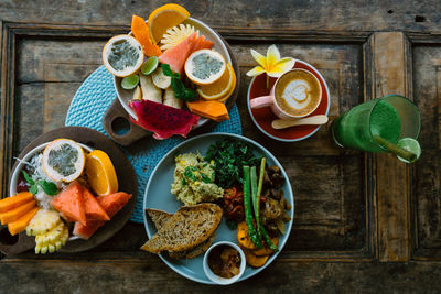 High angle view of meal served on table