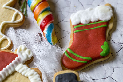 High angle view of cookies on table during christmas