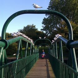 Rear view of woman on footbridge against sky