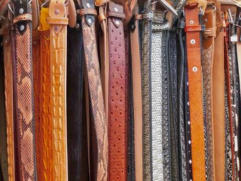 Full frame shot of belts at market stall