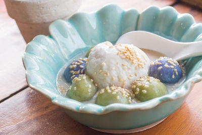 High angle view of ice cream in bowl on table