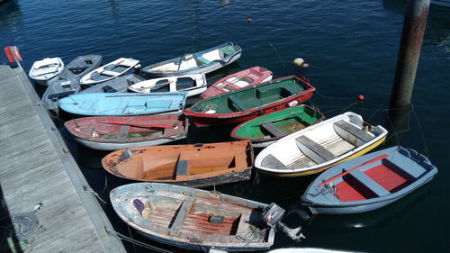 High angle view of boats moored in lake