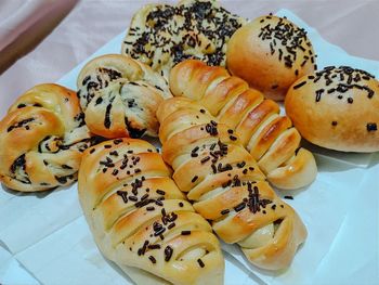 High angle view of bread in plate on table