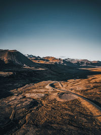 High angle view over landscape in iceland with blue sky