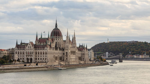 Hungarian parliament building by the river against cloudy sky