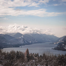 Scenic view of lake and mountains against sky