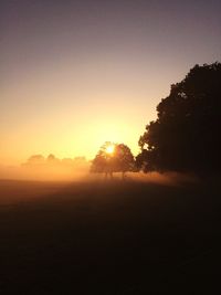 Silhouette trees on field against sky at sunset