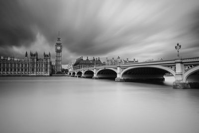 Bridge over river in city against cloudy sky