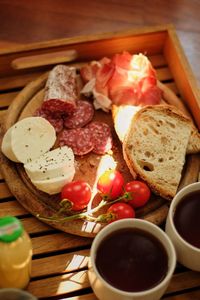 High angle view of breakfast served on table