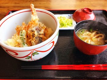 Close-up of soup served on table