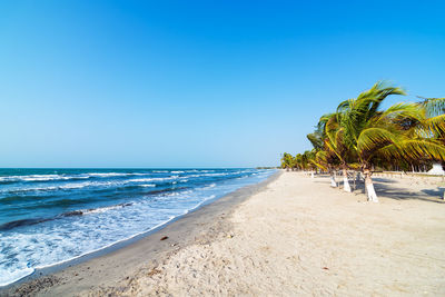 Scenic view of beach against clear blue sky