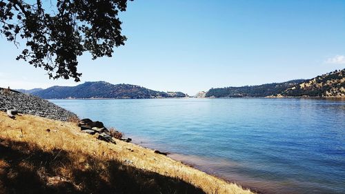 Scenic view of sea against clear blue sky