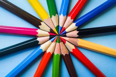 Directly above shot of multi colored pencils arranged on table