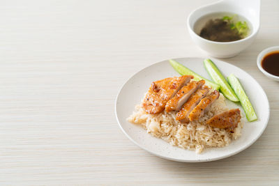 High angle view of food in plate on table