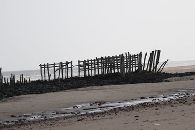 Wooden posts on beach against clear sky