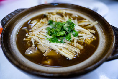 High angle view of soup in bowl on table