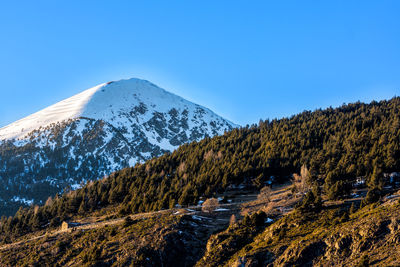 Scenic view of snowcapped mountains against clear blue sky