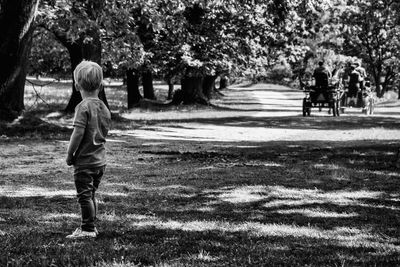 Rear view of two people walking on tree