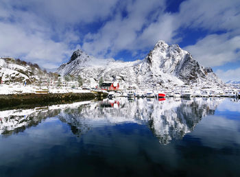 Scenic view of snowcapped mountains against sky