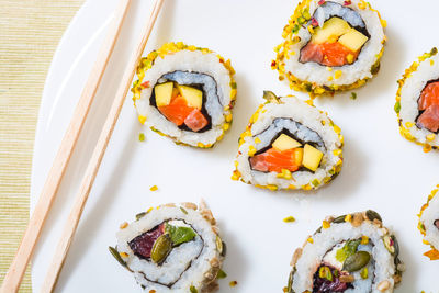 High angle view of sushi in plate