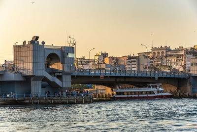 Bridge over river in city against clear sky