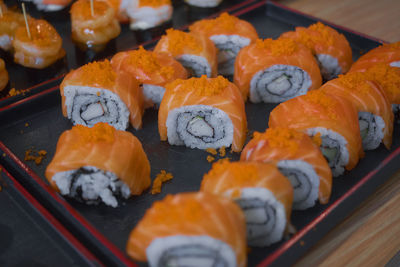 Close-up of sushi served in tray