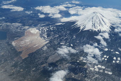 Aerial view of snowcapped mountains against sky