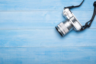 High angle view of camera on table