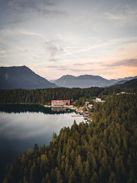 Scenic view of lake against sky during sunset