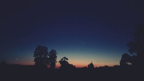 Silhouette trees against clear sky at night