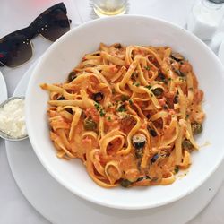 High angle view of pasta served on table