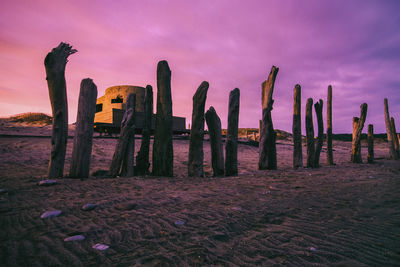 Wooden posts on beach against sky during sunset