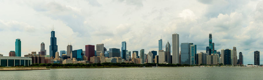 Panoramic view of modern buildings against sky in city