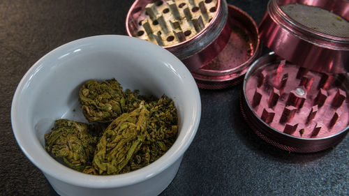 High angle view of vegetables in bowl on table